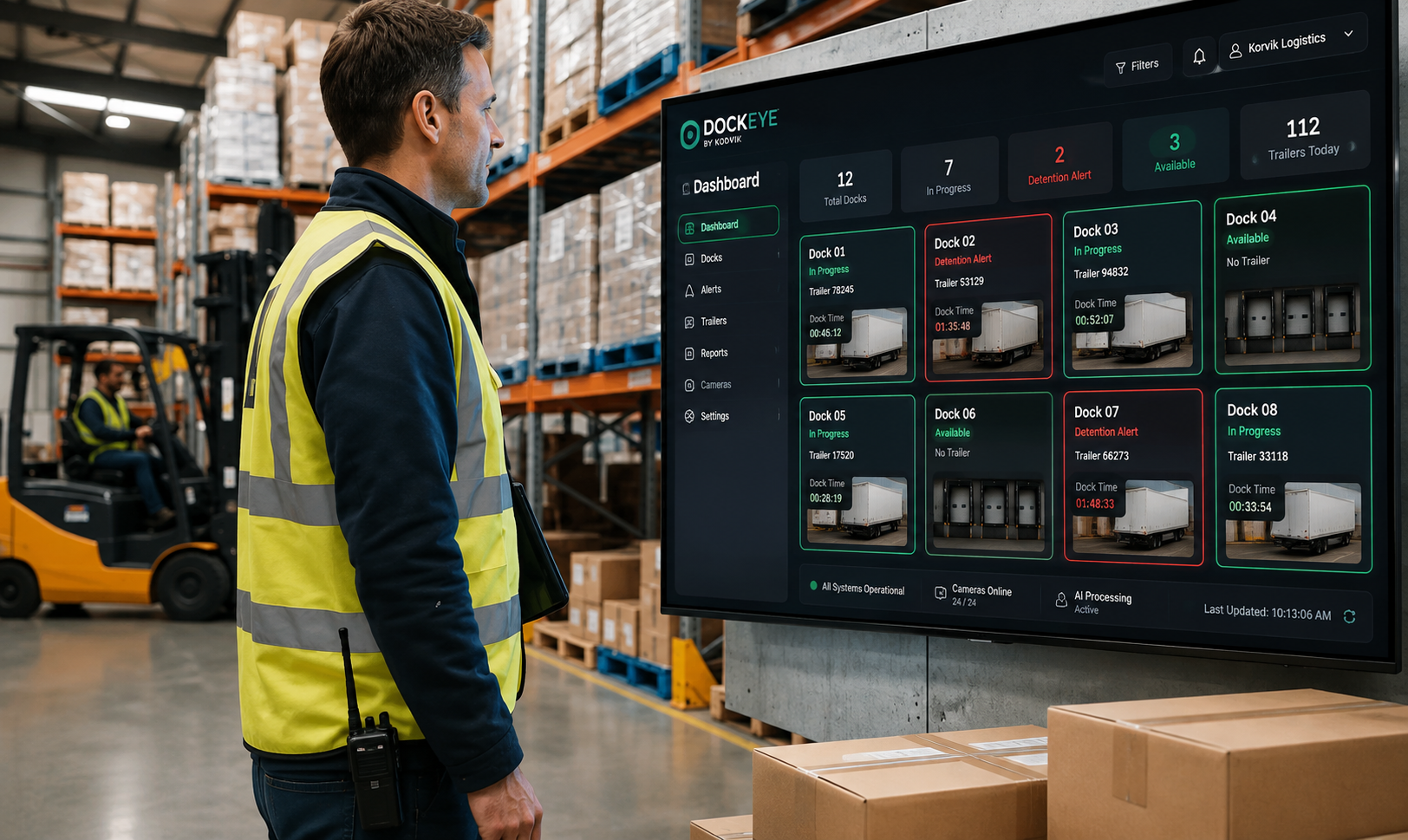 Warehouse supervisor reviewing the Dockeye dock dashboard on a large screen