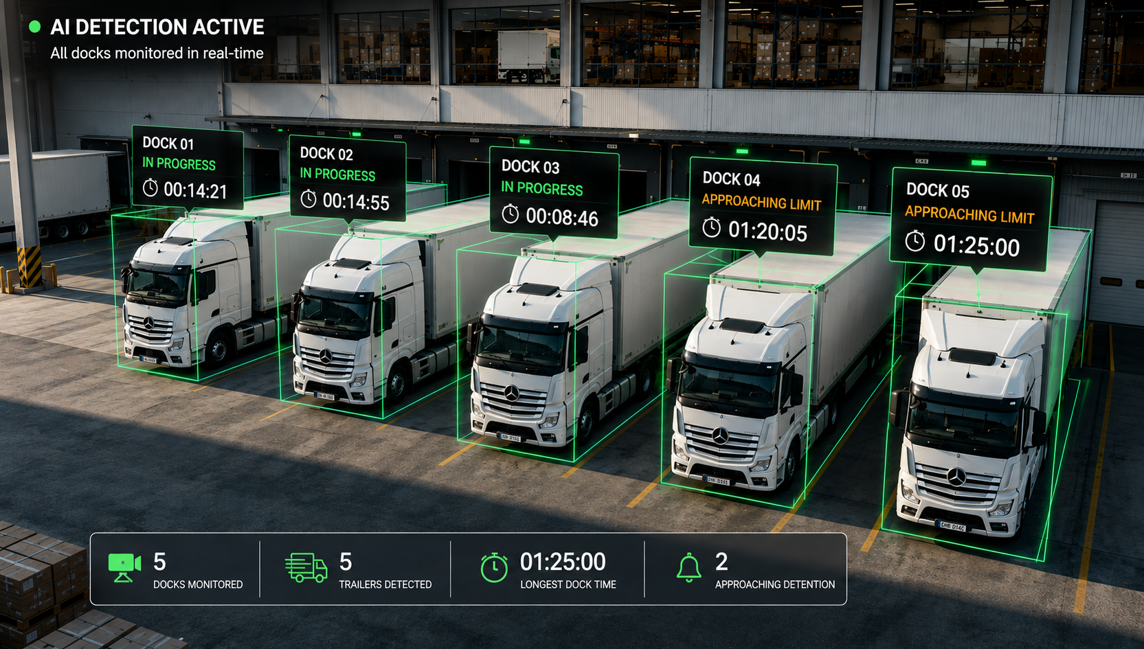AI detection overlay on an outdoor loading dock with five trucks and real-time status labels